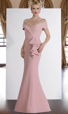 Janique - 1936 Off Shoulder Ruffled Accent Mermaid Gown in Blush Off Shoulder Cocktail Dress, Short Sheath Dress, Long Sleeve Sheath Dress, Bride Outfits, Long Sleeve Fitted Dress, Illusion Dress, Short Lace Dress, Bride Gowns, Mermaid Skirt