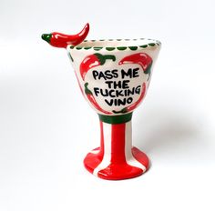 Hand painted ceramic wine cup with chilies and  quote. Cute enough to make your guests happy! This handmade mug will packaged in a well-presented cardboard box, perfect as a cute little gift for your loved ones You can wash it in the dishwasher but we recommend hand wash. Safe to contact with foods. Capacity: 2000 ml Height: 16 cm Depth: 7,5 cm Width: 6,5 cm Please note that these are not 'perfect', factory formed items and they can't be identical with each other. So PLEASE LOOK CLOSELY BEFORE PURCHASING! There can be little flows and differences on products which make them unique. You can send message for all of your questions! Wish you to enjoy our products! Pottery Wine Glasses, Ceramic Wine Glasses, Quote Cute, Presents For Mum, Drink Gift, Wine Cup, Bar Art, Hand Painted Ceramic, Wine Cups