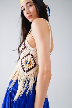 Subcategory: Top. Collar: V-neck neckline. Sleeves: Sleeveless style. Style: Boho. Detail: Fringe trim . Fabric: Crochet. runs true to size. S. 60% Cotton 40% Acrylic Cute Crochet Top, Fabric Crochet, Tan Scarf, Trim Fabric, Color Crema, Skirt Jumpsuit, Scarf Headband, Scarf Hat, Fringe Trim