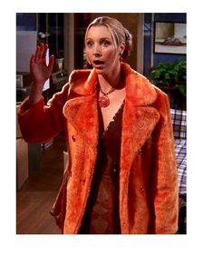 a woman in an orange fur coat with her hand up to the side and text that reads friends