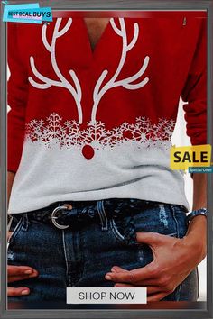 Christmas Elk Print Long Sleeve Lapel T-shirt & Top Red Long Sleeve Christmas T-shirt, Casual Long Sleeve Christmas Tops, Casual Christmas Long Sleeve Tops, Winter Holiday Long Sleeve T-shirt, Casual White Top For Christmas, Red Long Sleeve Christmas Tops, Red Long Sleeve Winter T-shirt, Red Long Sleeve T-shirt For Winter, White Casual Holiday Tops