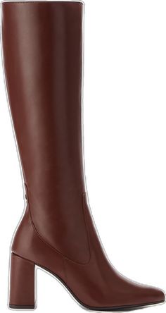 Brown Medium Width Calf Leather Knee-high Boots, Cognac Calf Leather Heeled Boots For Work, Brown Mid-calf Boots With Sculpted Heel For Fall, Modern Brown Heeled Boots For Work, Modern Brown Boots With Stacked Heel, Classic Formal Brown Mid-calf Boots, Elegant Brown Mid-calf Boots With Wide Calf, Elegant Wide Calf Brown Mid-calf Boots, Elegant Wide Calf Mid-calf Boots In Brown