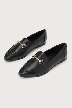 Dress to impress from head to toe with the Lulus Margote Black Horsebit Loafers! These chic loafers have a smooth faux leather construction that shapes a pointed toe upper, adorned with a shiny gold horsebit accent at the vamp, and a classic notched collar. Pair with your favorite trouser pants for an ultra-chic look! 0. 5" rubber heel. Cushioned insole. Rubber sole has nonskid markings. All Man Made Materials. Imported. Lulus | Margote Black Horsebit Loafers. Elegant Pointed Toe Slip-on Flats For Work, Elegant Pointed Toe Flats For Workwear, Elegant Pointed Toe Flats For Work, Classic Flats With Metal Feet For Work, Elegant Gold Pointed Toe Flats For Formal Occasions, Pointed Toe Slip-on Loafers With Metal Feet, Pointed Toe Flats With Metal Feet For Work, Workwear Pointed Toe Flats With Metal Feet, Classic Pointed Toe Loafers With Metal Feet