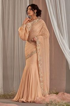 Shop for Nidhika Shekhar Pink Silk Mermaid Cut Pre-draped Saree With Blouse for Women Online at Aza Fashions Fish Cut, Pink Fish, Saree Gown, Drape Saree, Ready To Wear Saree, Party Wear Indian Dresses, Blouse For Women, Georgette Saree, Indian Designer Outfits