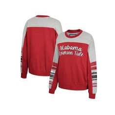 Dress warmly and comfortably on Alabama Crimson Tide game day in this Baby Talk pullover sweatshirt from Colosseum. Its two-tone design and stripes in team colors accentuate the Alabama Crimson Tide graphics printed across the front. Plus, Dolman sleeves create a flattering silhouette that gives you more room for freedom of movement.Dress warmly and comfortably on Alabama Crimson Tide game day in this Baby Talk pullover sweatshirt from Colosseum. Its two-tone design and stripes in team colors ac Fall Fleece Sweatshirt For Fans, Fleece Sweatshirt For Fall Fan Apparel, Collegiate Sweater For Game Day, Collegiate Long Sleeve Sweater For Game Day, Collegiate Team-colored Sweatshirt For Fall, Fall Fan Gear Long Sleeve Sweatshirt, Team-colored Fall Sports Sweatshirt, Team-colored Sweatshirt For Sports In Fall, Long Sleeve Sweatshirt For Sports Events In Fall