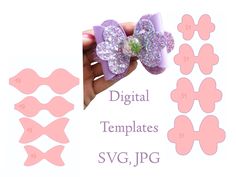 a hand holding a purple bow with sequins on it and the words digital templates svg, jpg