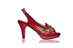 Handmade, Designer Shoes for Women, Embroidered | by Rungg Gold Hand Embellished Heels For Reception, Hand Embellished Elegant Heels, Elegant Hand-embellished Heels, Designer Red Heels For Wedding, Elegant Festive Evening Heels, Hand Embellished Heels For Evening, Elegant Festive Heels For Evening, Elegant Evening Heels For Festive Occasions, Elegant Festive Party Heels