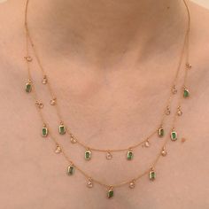 Accessorize your look with this elegant emerald beaded necklace. This stunning piece of jewelry instantly elevates a casual look or dressy outfit. Comfortable and easy to wear, it is just as exquisite worn alone or layered with other charms for a modern fashion statement.PRODUCT DETAILS :- Material - 18K Solid Yellow Gold Gemstone - Emerald Stone Weight - 2.9 ct Stone Pcs - 11 Diamond Weight - 1.29 ct Diamond pcs- 15 Stone Shape - Octagon Stone Size - 6 x 4 mm Length - 21 Inch Width - 4.7 mm Gro Gold And Gemstone Jewelry, Gold Neckless Jewelry, Gold Necklace Designs Indian, Gold And Emerald Jewelry, Beeds Chain Designs, Elegant Necklaces Classy, Gold Chains For Women Design, Chain Designs Gold, Layered Necklaces Gold