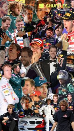 a collage of many different people and their racing cars, including one man holding a trophy