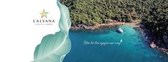 an aerial view of a boat in the water near some hills and trees with text that reads laujaa island resort