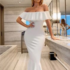 White Mermaid Dress Chic Maxi Dress With Ruffles And Mermaid Hem, White Ruffled Bodycon Dress For Date Night, White Bodycon Dress With Ruffles For Date Night, Formal White Mermaid Dress, Elegant Midi Dress With Ruffles And Mermaid Hem, Elegant Dress With Ruffle And Mermaid Hem, White Ruffled Bodycon Evening Dress, Ruffled Mermaid Dress For Night Out, White Ruffled Bodycon Dress For Evening