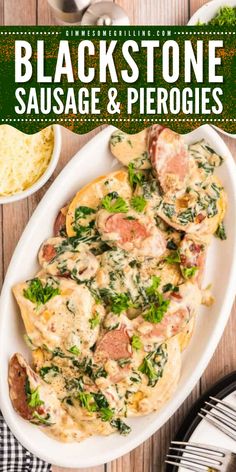 Need a quick dinner on the Blackstone? Try this delicious Blackstone Sausage and Pierogies recipe ready in less than 25 minutes! Made with frozen potato and cheese pierogies, smoked sausage, spinach and tossed in an Alfredo sauce. Sausage And Pierogies, Blackstone Sausage, Smoked Sausage And Potatoes, Pierogies Recipe, Sausage And Potatoes, Sausage Spinach, Griddle Recipes, Blackstone Griddle, Summer Recipes Dinner