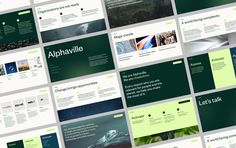 many different green and white powerpoint templates are displayed on a wall with the same color