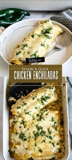 chicken enchiladas in a casserole dish on a plate with a fork