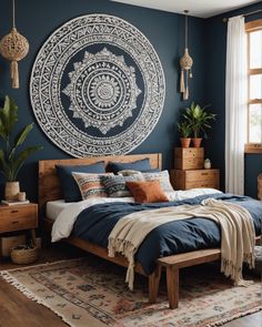 a bed room with a neatly made bed and a large circular painting on the wall