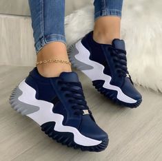 Lovemi -  Women Shoes Lace-up Sports Sneakers Sneakers LOVEMI  Navy blue 5 Zapatillas Veja, Plateau Sneaker, Basket Sport, Orthopedic Shoes, Summer Sneakers, Sporty Casual, Casual Sportswear, Star Sneakers, Lacing Sneakers