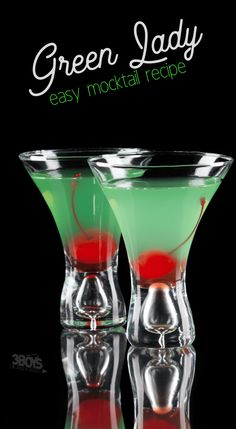 two glasses filled with green and red liquid on top of a black background, text reads green lady easy cocktail recipe