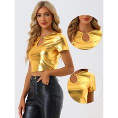 With the shiny metal and keyhole design, it easily outlines your curves and makes you look more attractive. The crop top is gorgeous and fashionable. It fits most kinds of body shapes, and shows your great slim fit and good temperament. Great to match all kinds of bottoms such as shorts, skirts, pants, leggings, and jeans for a stylish look. Better with a jacket, or blazer for a chic look. Holographic Crop Top, Metallic Shorts, Silver Holographic, Women's Blouses, Shorts Skirts, Halloween Women, Body Shapes, Pants Leggings, Blouses For Women