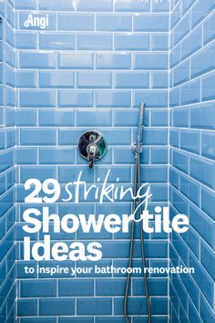 29 shower tile ideas on a bright blue tiled shower Tile Shower With Accent Band, Shower Tile Ideas Colorful, Small Bathroom With Walk In Shower Ideas Subway Tiles, Navy Shower Tile Ideas, Tile For Small Showers, Tile Accents In Showers, Shower Remodel Blue, Shower Tile Colors, Cool Shower Tile