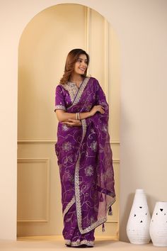 Buy beautiful purple embroidered organza sari online in USA with embroidered blouse. Make a fashion statement on festive occasions and weddings with designer suits, Indian dresses, Anarkali suits, palazzo suits, designer sarees, sharara suits, Bollywood saris from Pure Elegance Indian fashion store in USA.-full view Purple Tissue Silk Pre-draped Saree With Sheer Dupatta, Purple Sharara With Cutdana And Traditional Drape, Purple Organza Pre-draped Saree For Diwali, Purple Chanderi Sharara With Pallu, Purple Georgette Pre-draped Saree For Festivals, Purple Organza Pre-draped Saree With Dupatta, Purple Chanderi Sharara With Traditional Drape, Purple Georgette Pre-draped Saree For Eid, Purple Chanderi Pre-draped Saree For Wedding