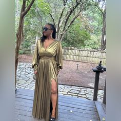 New With Tags Gold Long Formal Dress, Long Sleeves, Long Thigh Slit, Hidden Back Zipper, Low V Neckline. Wash And Wear Formal Gold Dress, Formal Dress Long, Long Formal Dress, Social Dresses, Dress Long Sleeves, Gold Dress, Dress Long, Formal Dress, Formal Dresses Long