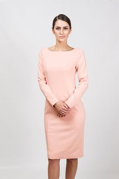 Pink Long Sleeve Lined Pencil Crepe Dress by TAVROVSKA Round | Etsy Fitted Boat Neck Midi Dress For Party, Boat Neck Bodycon Dress For Parties, Bodycon Boat Neck Dress For Party, Bodycon Boat Neck Party Dress, Party Bodycon Dress With Boat Neck, Elegant Bodycon Dress With Boat Neck, Elegant Long Sleeve Bodycon Dress For Work, Elegant Bodycon Long Sleeve Dress For Work, Fitted Long Sleeve Pink Dress For Formal Occasions