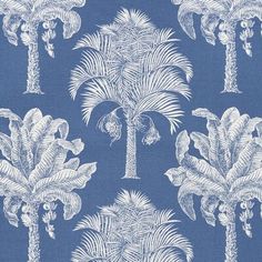 a blue and white wallpaper with palm trees