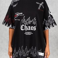 Oversized Fit Signature All Over Chaos Prints 100% Cotton 200gsm Jersey Outer Label With Iridescent Coded Tag Detail Designed In The England Oversized Grunge T-shirt With Logo Print, Oversized Black Printed T-shirt, Black Boxy Fit T-shirt With Letter Print, Oversized Black Grunge Tops, Oversized Short Sleeve Tops With Graffiti Print, Trendy Drop Shoulder Tops With Logo Print, Trendy Drop Shoulder Top With Logo Print, Black Boxy Fit Graphic Tee, Black Boxy Fit Top With Text Print