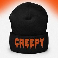 This soft and comfy beanie is perfect for keeping warm on a chilly Halloween night. The spooky 3d puff embroidery creepy beanie is perfect for kids and adults alike. The turbo acrylic fabric is lightweight and hypoallergenic, making it a great choice for those with allergies or sensitive skin. The beanie can be hand washed in cold water to keep it looking new. * 12″ (30 cm) in length * Hypoallergenic  * Unisex style * Hand washable Check out our sister shop here Casual Beanie Hat For Halloween, Casual Beanie For Halloween, Fun Halloween Hats, One Size Fits Most, Halloween Beanie One Size Fits Most, Black Cotton Halloween Hat, Casual Halloween Beanie Hat, Fun Halloween Beanie Hat, Halloween Beanie For Streetwear, Playful Halloween Beanie Hat