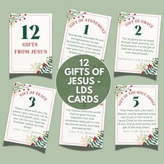 twelve christmas gift cards with the text 12 gifts of jesus's cards on them