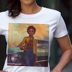 This classic unisex short sleeve tee showcases a black woman leaning against a classic car. Perfect for those who appreciate afro vintage cool, this tee will quickly become your go-to favorite. Made with soft cotton and a quality print, it offers exceptional comfort and durability. The ribbed knit collars provide shaping support, while the taping on the shoulders ensures a better fit over time. With dual side seams that maintain the garment's shape, this tee is built to last. Crafted from 100% a 70s Black Women, Vintage Culture, 70s Women, Woman Shirt, Afro Hair, Women Art, Black Women Art, Afro Hairstyles, Vintage Hairstyles