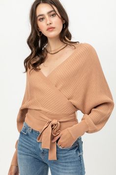 Light Clay Sweater - Wrap Sweater - Dolman Sleeve Sweater | Bohopink Fitted Bohemian Crew Neck Sweater, Chic V-neck Sweater With Ribbed Cuffs For Fall, Bohemian Style Soft-washed Crew Neck Tops, Bohemian One-size Soft Knit Sweater, Wrap Front Sweater, Fitted Bohemian V-neck Sweater, Tie Front Sweater, Sweater Wrap, Light Clay