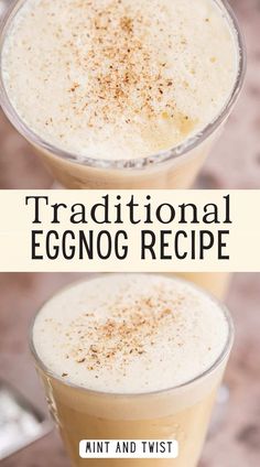 two glasses filled with eggnog and topped with cinnamon