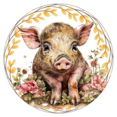 a pig is sitting in the middle of a flowered plate with flowers around it