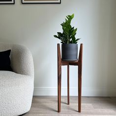 a white chair sitting next to a potted plant on top of a wooden table