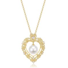 Vintage Hollow Heart Freshwater Pearl Pendant Necklace - House Of Pearls Gold Pendant Pearl Necklace With Heart Charm, Vintage Gold Akoya Pearl Necklace, Gold Pearl Necklace With Heart Charm And Pendant, Gold Heart Necklace With Pearl Charm As Gift, Gold Necklace With Pearl Chain And Heart Pendant, Gold Plated Heart Shaped Pearl Pendant Necklace, Gold Pearl Jewelry With Heart Charm, Elegant Silver Heart Necklace With Pearl Charm, Gold Pearl Pendant For Anniversary