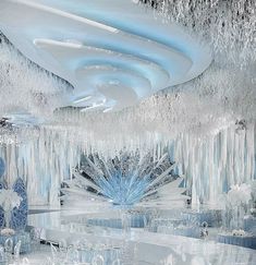 an elaborately decorated room with ice and icicles hanging from the ceiling is shown