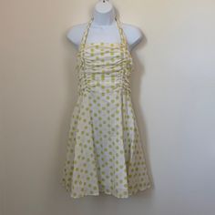 Cute Retro Halter Dress, Perfect For This Summer! Lime Green With Pale Yellow Polka Dots On A Cream Background. Ruched Bodice Is Super Flattering. Zip Back. Fully Lined. Made In The Usa!! Purchased From Macy’s, New With Tags, Never Worn. Polka Dot Mini Sundress For Summer, Polka Dot Beach Dress For Spring, Spring Polka Dot Beach Dress, Fitted Polka Dot Mini Dress For Beach, Polka Dot Dress For Spring Beach Occasion, Polka Dot Mini Sundress For Spring, Polka Dot Sundress For Spring Vacation, Spring Polka Dot Sundress For Vacation, Fitted Polka Dot Summer Dress