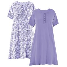 Stylish And Comfortable, This Set Of 2 Nightgowns Includes One Nightgown With A Pretty Paisley Print And One In A Solid Color. Each Comfortable Gown Has Short Sleeves, A Henley-Style Button Front Placket And An Easy-To-Wear Fit. Machine Wash. Cotton; Imported. Approx 40"L. 2-Pc. Set Only Choose: Turquoise, Fuchsia Or Purple. Available In: M(10-12), L(14-16), Xl(18-20) Or Xxl(22-24). One Piece Clothing, Night Gowns, Purple Outfits, Collections Etc, Women's Robe, Nightgowns For Women, One Piece Pajamas, Sewing Class, Medium Purple