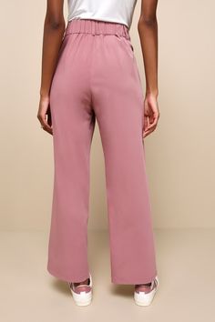 Create a luxe look in an instant with the Lulus Posh Mindset Mauve High-Waisted Wide-Leg Trouser Pants! Sleek woven fabric shapes these style-forward pants that have a high-waisted silhouette (with elastic at the back for best fit), belt loops, a hidden zip-fly, and double-clasp top closures. Relaxed, wide pant legs with side seam pockets end at ankle-length hems. Fit: This garment fits true to size. Length: Ankle length. Size medium Inseam: 28.00 Front Rise: 12.75 Waist: Fitted - elastic waist Chic Wide Leg Pants With Stretch Waistband, Chic Stretch Wide Leg Pants With Wide Waistband, Chic Stretch Wide Leg Pants In Solid Color, Chic Pull-on Style Long Bottoms, High Waist Solid Pants With Wide Waistband, Chic Pull-on Style Long Pants, Solid High-waist Pants With Wide Waistband, Elegant Stretch Long Pants, Chic Summer Pants With Wide Waistband