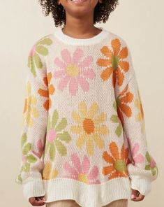 Girls Retro Daisy Knit Pullover Sweater. Style GY7433. Ready to ship! Features: Knit Sweater Long Sleeve Pull On Silhouette Material & Care: 100% Acrylic Hand Wash Cold Hang Dry Retro Daisy, Sweater Style, Tween Outfits, Knit Pullover, Knitted Pullover Sweaters, Fashion Kids, Girls Fashion, Long Sweaters, Girls Clothing