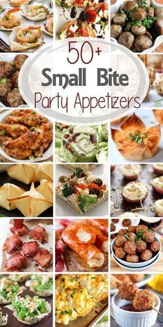 small bite party appetizers collage with the title overlay reads 50 small bite party appetizers