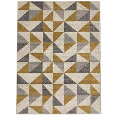 a beige and grey rug with triangles on the top, in front of a white background