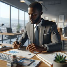 a man in a suit sitting at a desk with papers and pens, writing on a piece of paper