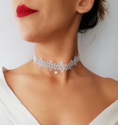 Lace pearl choker necklace - Radiate your beauty in this beautifully detailed Lace pearl choker necklace. Dress it up or dress it down its boho chic for any occasion. ------------------------------------♥ ♥♥ D E S C R I P T I O N ♥ ♥♥ --------------------------------------------------- ♥Choker Length : 15 inch ♥Width : 1 inch ♥Freshwater pearl ♥Crystal stones ♥Silver plated lobster clasp ♥ Includes a 2 inch ( 5 cm) extension chain for any adjustments ♥ The grunge boho choker is handmade ♥ Please Pearl Chain Bridal Choker Necklace, Pearl Chain Bridal Choker, Delicate White Bridal Necklace For Party, Delicate Pearl Choker For Parties, Pearl White Beaded Choker For Party, White Pearl Choker Necklace For Party, Party Pearl White Beaded Choker, Lace Choker Necklace For Party, Party Lace Choker Necklace