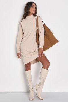 Head out for the day feeling as comfy as you are cute in the Lulus Cozy Stroll Beige Mock Neck Button Mini Sweater Dress! Soft, lightweight ribbed knit shapes this casually chic dress with a mock neckline framed by long, dolman sleeves with decorative tortoise buttons at the shoulders. The relaxed, pullover silhouette falls to a cute mini hem, perfect for showing off your favorite knee-high boots! Fit: This garment fits true to size. Length: Knee Length. Size medium measures 33" from shoulder to hem. Bust: Great for any cup size. Waist: Not Fitted - comfortable room throughout midsection. Hip: Not Fitted - room for hips. Undergarments: May be worn with any standard bra. Fabric: Fabric is very stretchy. Unlined. 50% Rayon, 26% Polyester, 24% Nylon. Hand Wash Cold. Do Not Bleach. Line Dry. I Fall Shirt Dress, Pregnant Sweater Dress, Fall Sweater Dress Outfits, Chelsea Boots Outfits, Winter Sweater Dress, Chelsea Boots Outfit, Cozy Sweater Dress, Boots Fit, Casually Chic