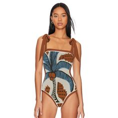 Printed Beachwear One-piece For Beach Season, One-piece Swimwear With Tropical Print For Vacation, Vacation One-piece Swimwear With Tropical Print, One-piece Tropical Print Bodysuit For The Beach, Sarong Tying, Beachwear One-piece Swimwear With Tropical Print, Coconut Tree, Print Swimsuit, Beach Look