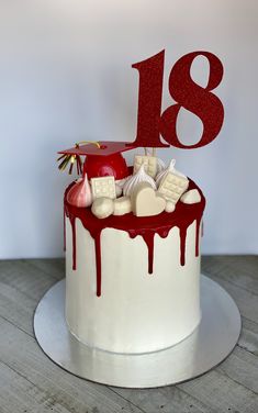 White Cake Red Drip, 18th Birthday Cake Red And White, Red And White Cake For Men, Red And White Cake Design Birthday, Red Graduation Cakes, Red Velvet Drip Cake, White And Red Cake Birthdays, Red And White Graduation Cake, White And Red Birthday Cake