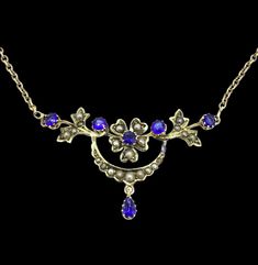 Antique Edwardian Lavaliere Necklace fully hallmarked 9CT Gold blue Sapphires outstanding beautiful signed G&W  This magnificent necklace measures 17 inches from clasp to clasp and the pendant measures 4.5cm x 2.5cm to the end of the sapphire drop  Condition is very good no stones missing but a small repair sign to the back of the pendant is hardly noticeable.  If you have any doubts do not hesitate to ask All pieces are unique I aim to provide you with a 5 star service and customer satisfaction is my priority.  All my items are vintage and pre owned so at times they will have signs of age but I try my very best to describe them with accuracy. Your purchase will be carefully packed to protect it. If you wish it wrapped as a gift for someone then do let me know please. Blue Sapphire Necklace, Monogram Pendant, Edwardian Jewelry, Gold Brooches, Sapphire Necklace, Silver Brooch, White Rose Gold, Pendant Necklaces, Locket