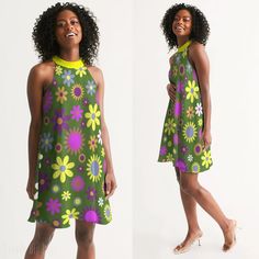 "Handmade Floral Mod Dress, Retro Dress, Vintage Dress Style, Vintage inspired Dress, 60s 70s style dresses,Trapeze dress, Green Dress Custom Handmade to order, Designed in California, Hand Sewn Overseas. *Ethically sourced fabric I wanted to design a modern mod dress for those who loves the 60s mod 70s style floral dresses. It is handmade from polyester chiffon material, dress is fully lined and light weight. Goes with platform shoes, heels or tall boots. Custom made to order. Size & Fit: - Rel Retro A-line Summer Dress, Mod Style A-line Dress With Retro Print, Spring Mod Mini Dress For Party, 70s Inspired Floral Print Dresses, Spring Mini Dress For Party, Mod Style, Retro Print Mini Mod Dress, Retro A-line Sleeveless Dress, Mod Style Spring Party Mini Dress, Mod Style Retro Print Mini Dress